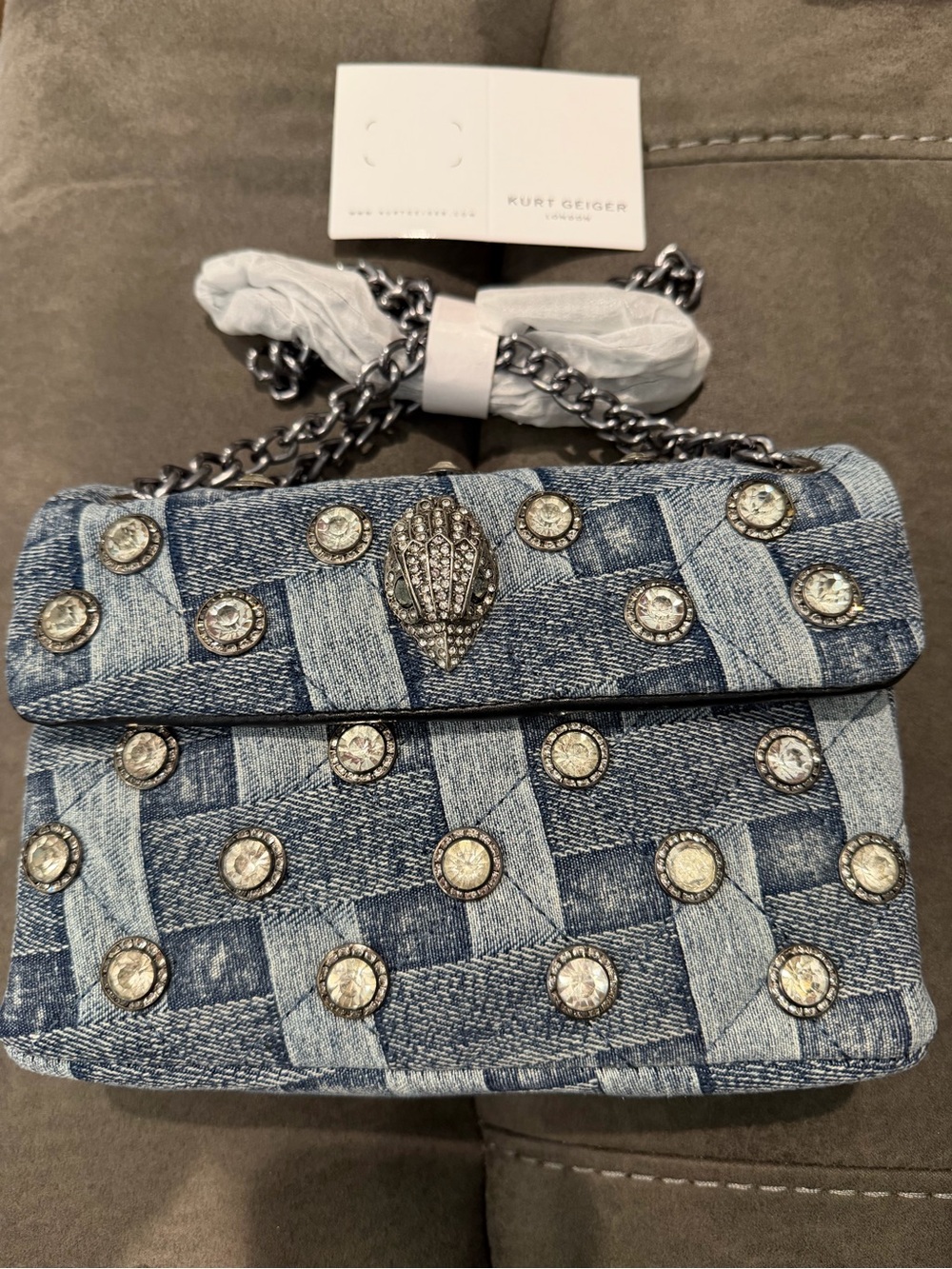 New Kurt Geiger Blue Denim Embellished Shoulder Bag 8inch length 5.5 inch width
